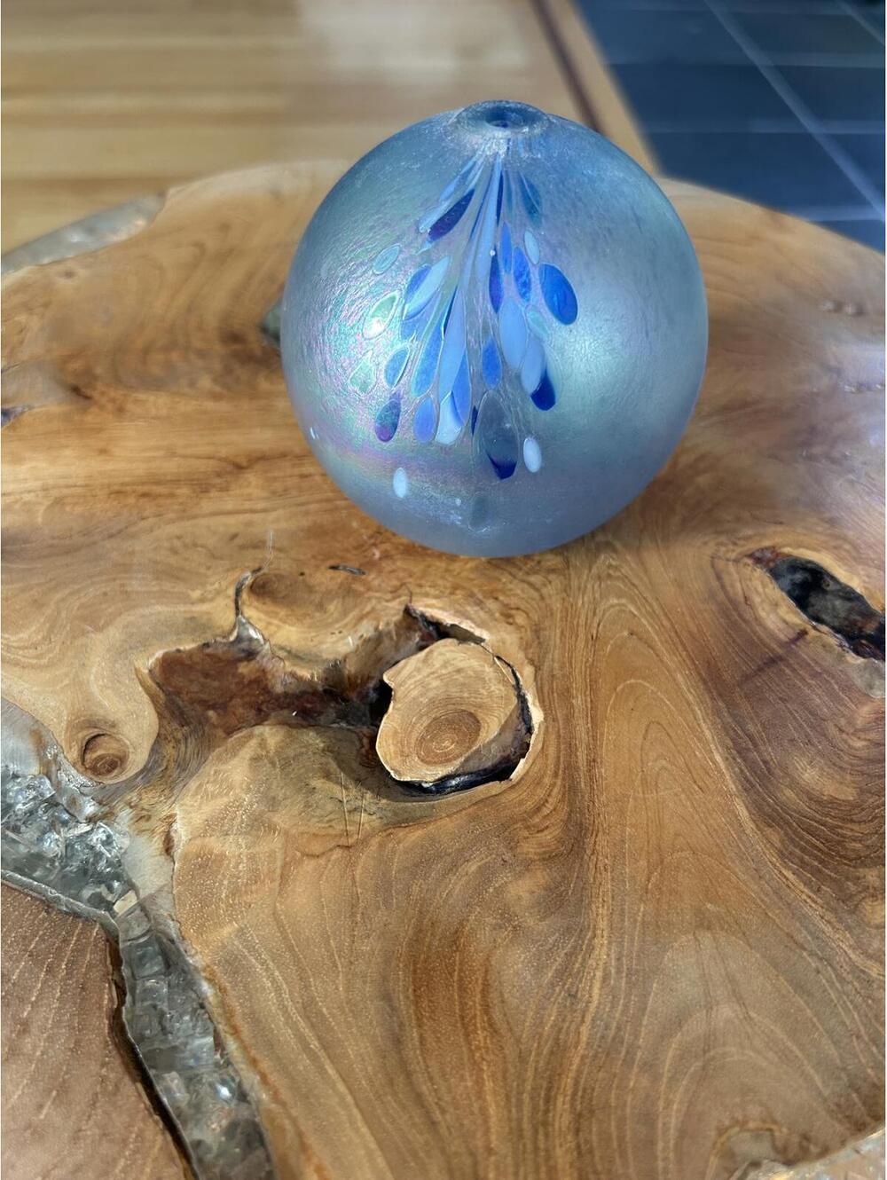 Hand Blown Glass Art Sphere with Blue Leaf Design
